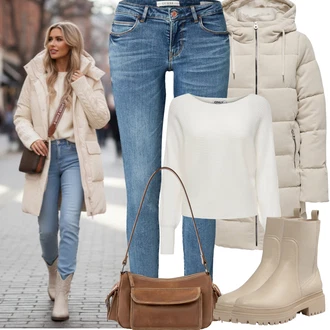 Outfit s Hnědá/Béžová/Khaki Chelsea Boty/Plochá Kotníková Bota/Kožená bunda/Gumová Kotníková Bota/Kotníková Bota s Podšívkou About You "Zimní outfity"