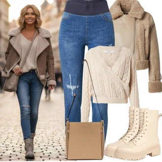 Outfity pro baculky Šik s Hnědá/Béžová/Khaki Kožená Bomber Bund/Krátký Bund/Neobvyklá bunda/Bunda z Jehněčí Kůže apparis "Zimní outfity"Look: Šik, Cool, Moderní, Krásný, Venkovní, Univerzitní