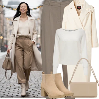 Outfit s Béžová/Oranžová/Krémová/Bílá/Khaki Lehký Kabát/Dlouhý Kabát/Kašmírový Kabát/Trenčkot/Midi Kabát/Dlouhý Kabát/Vintage Kabát/Vlněný Kabát/Trenčkot misspap "Zimní outfity"