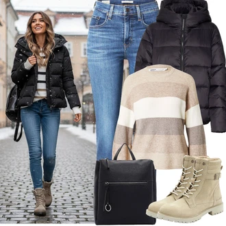 Horolezectví Outfit s Černá Nafukovací Bund/Bunda s Kapucí/Prošívaná Bunda/Puchová Bund/Udržitelná bunda/Podzimní bunda/Zimní Bund VERO MODA "Zimní outfity"Look: Horolezectví, Jízda na koni, Turistika, Trekking