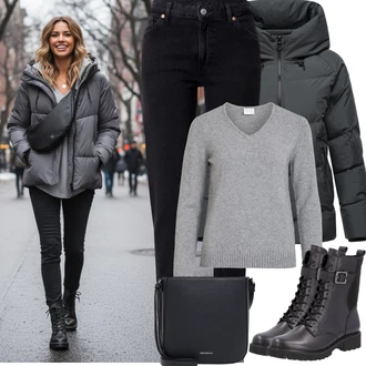 Outfit s Černá/Tmavě modrá/Modrá Džíny s Rozparkem/Push up Džín/Kožené Boty/Slim Fit Džíny/Džíny Regular Fit/Termální Džíny/Kožená bunda/High Waist Džínové Kalhoty/Zimní bunda monki "Zimní outfity"