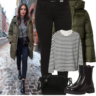 Kulatý výstřih Outfit s Bílá/Tmavě modrá/Béžová Jednoduchý Svetr/Svetr na kojení/Pruhovaný Svetr/Svetr z Jemné Pleteniny Armedangels "Zimní outfity"