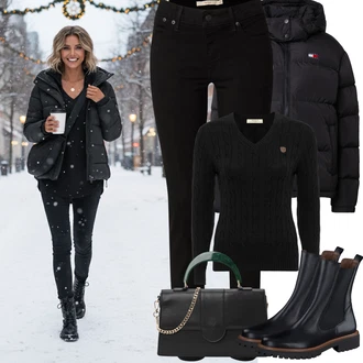 Horolezectví Outfit s Černá Bunda s Kapucí/Nafukovací Bund/Přechodné Bundy/Puchová Bund/Zimní Bund Tommy Jeans "Zimní outfity"Look: Volný čas, Horolezectví