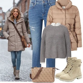 Karneval Outfit s Hnědá/Béžová Pánská taška/Taška/Klasická Taška Přes Rameno/Dopisová peněženka/Brašna/Sportovní Taška Přes Rameno Guess "Zimní outfity"Look: Malle, Pohřeb, Karneval, Koncert, Galavečer, Den matek, Opera