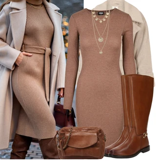 Outfity na zimu s Hnědá/Šedá/Fialová/Béžová Zimní Pletené Šaty/Svetrové Šaty/Šaty S Rolákem/Zimní šaty s dlouhým rukávem/Pouzdrové Šaty S Dlouhým Rukávem/Dlouhé pletené šaty About You "Zimní outfity"
