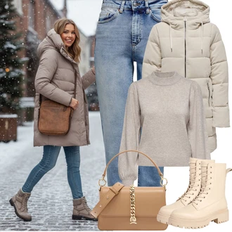 Outfit s Béžová/Bílá/Hnědá Bagetová taška/Dopisová peněženka/Malá Taška/Brašna/Sportovní Taška Přes Rameno Tommy Hilfiger "Zimní outfity"