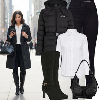 Outfit s Černá/Tmavě modrá Motorkářské Džíny/High Waist Džínové Kalhoty/Push up Džín/Kožená bunda/Kožené Boty/Termální Džíny/Zimní bunda Noisy may "Zimní outfity"