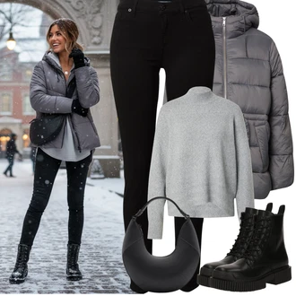 Outfit s Černá Kožená bunda/Motorkářské Džíny/Zimní bunda/Push up Džín/High Waist Džínové Kalhoty/Slim Fit Džíny/Kožené Boty/Termální Džíny 7 for all Mankind "Zimní outfity"