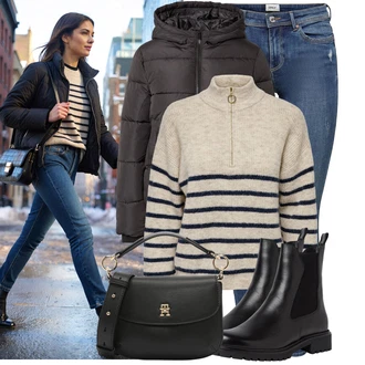 Outfit s Bílá/Fialová/Černá/Béžová Bagetová taška/Klasická Taška Přes Rameno/Dopisová peněženka/Malá Taška/Brašna/Sportovní Taška Přes Rameno Tommy Hilfiger "Zimní outfity"