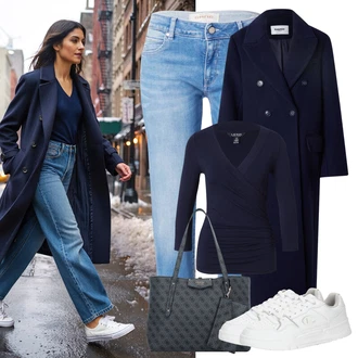 Mom outfit mit Temno modra/Siva/Temno siva/Modra Nakupovalna torba/Poslovna torba/Vrečka za prenašanje/Torba za čez ramo/Pisarniška torba/Torba za čez ramo/Nakupovalka Guess "Elegantna zimska oblačila"Look: Burleska, Eleganten, Kul, Mom, Lepo, Pisarna, Premij