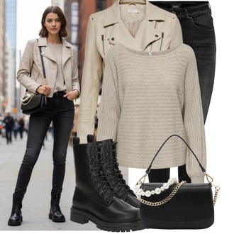 Outfit s Khaki/Hnědá/Béžová Bunda z Umělé Kůže/Bunda s Bočním Zipem/Motorkářská bunda/Motorkářské Bund/Kožené Bund Only "Nápadný look na zimu"