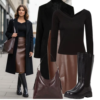 Jednobarevný Outfit s Černá Ovčí Kožešinová Bota/Bota na Platformě/Jezdecká Bota/Dlouhá Kozačka/Klasická kozačka/Kozačka po Kolena/Bota se širokým nohavici/Kozačka se zipem Tamaris "Nápadný look na zimu"