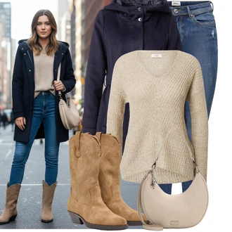 Outfit s Modrá/Tmavě modrá/Světle modrá Kožená bunda/Navlékací džíny/Kožené bundy/Džíny s Nízkým Sedem/Džín s Nízkým Pasem/Džíny s Dírou/Džíny s Rozparkem/Push up Džín/Kožené Boty/Kotníková Bota Only "Nápadný look na zimu"