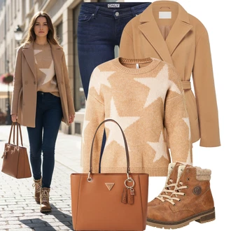 Polstrovaný Outfit s Hnědá/Béžová Šněrovací Kotníková Bota/Zimní kotníková bota/Trekingová Bota/Klasická kozačka/Vycpaná kozačka/Zimní bota/Zimní Kozačka/Kotníková Bota s Podšívkou/Šněrovací Kozačka Rieker "Nápadný look na zimu"