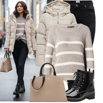 Outfit s Černá Džíny s Rozparkem/Push up Džín/Kožené Boty/Termální Džíny/Motorkářské Džíny/Kožená bunda/High Waist Džínové Kalhoty/Zimní bunda Only "Nápadný look na zimu"