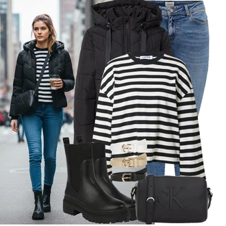 Outfity na zimu Culotte s Bílá/Hnědá/Tmavě modrá/Žlutá/Růžová/Béžová/Černá Pruhované Tričko Edited "Nápadný look na zimu"