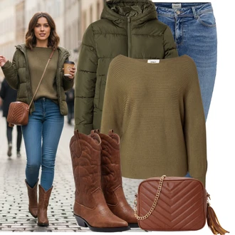 Outfit s Tmavě zelená/Khaki Jednoduchý Svetr/Kašmírový Svetr/Svetr Carmen/Basic Svetr/Kašmírový Svetr/Vlněný Svetr/Svetr s Kulatým Výstřihem/Svetr z Jemné Pleteniny/Pletený Svetr Only "Nápadný look na zimu"