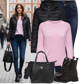 Outfity na zimu Elegantní Dlouhé s Černá/Fialová/Růžová Obchodní Taška/Shopper taška/Taška/Brašna/Kancelářská Taška Tommy Hilfiger "Nápadný look na zimu"Look: Rad, Šik, Cool, Elegantní, Kancelář, Premium, Preppy, Princezny