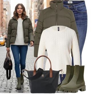 Podzim Outfit s Tmavě zelená Chelsea Boty/Gumová Kotníková Bota/Kožená bunda Only "Nápadný look na zimu"