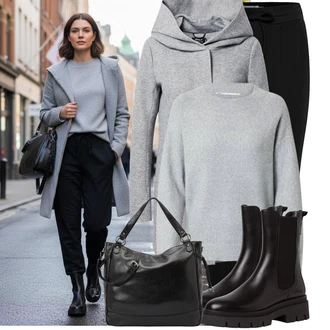 Outfit s Hnědá/Černá/Tmavě Hnědá/Fialová Kozačka Chelsea Boty Tamaris "Nápadný look na zimu"