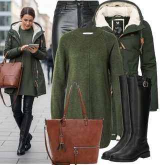 Horolezectví Outfit s Tmavě zelená/Zelená Parka Přechodová Bund/Funkční Bunda/Vosková Bunda/Bundeswehr Parka Ragwear "Nápadný look na zimu"Look: Trekking, Turistika, Horolezectví