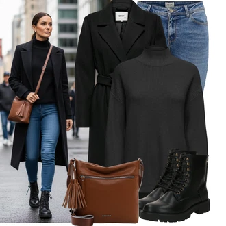 Outfit s Modrá/Světle Modrá/Tmavě Modrá Push up Džín/Džín s Nízkým Pasem/Kožené Boty/Navlékací džíny/Kotníková Bota/Džíny s Nízkým Sedem/Kožená bunda/Zimní bunda Only "Outfity na zimu"