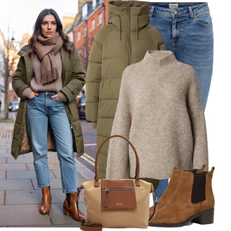 90tá léta, Styl Outfit s Modrá/Světle modrá/Tmavě modrá Push up Džín/Džín s Nízkým Pasem/Kožené Boty/Navlékací džíny/Kotníková Bota/Džíny s Nízkým Sedem/Kožená bunda/Zimní bunda Only "Perfektní na zimu"Look: Styl