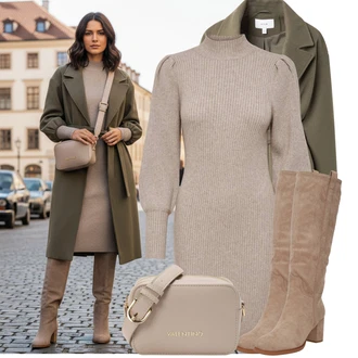 Zima Outfit s Béžová/Šedá/Hnědá/Khaki Svetrové Šaty/Zimní Pletené Šaty/Šaty S Rolákem/Pletené Šaty Only "Perfektní na zimu"