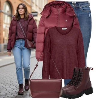 Outfit s Modrá/Tmavě modrá/Světle modrá Kožená bunda/Navlékací džíny/Kožené bundy/Džíny s Nízkým Sedem/Džín s Nízkým Pasem/Džíny s Dírou/Džíny s Rozparkem/Push up Džín/Kožené Boty/Kotníková Bota Only "Perfektní na zimu"