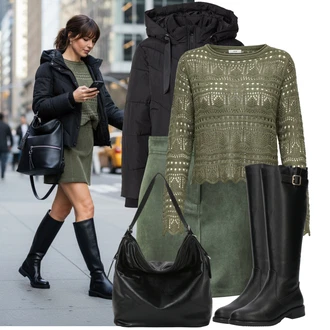 Outfity na zimu Estetika, Vintage s Zelená/Tmavě zelená About You "Perfektní na zimu"Look: Áčkového Střihu, 90tá léta, Irský, Italský, Vintage, Pracovní oděvy