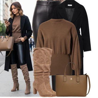 Old Money Outfit s Hnědá/Béžová/Šedá Klasická Kozačka/Dlouhá Kozačka/Kozačka po Kolena/Špičatá Kozačka/Kozačka Na Podpatku/Bota se širokým nohavici About You "Pohodlné zimní outfity"Look: Elegantní, Cool, Kovbojka, Old Money, Western