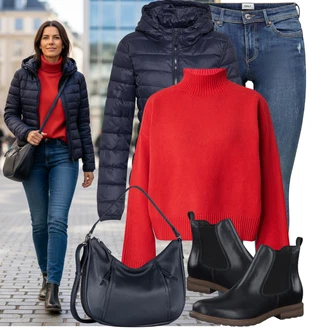 Outfit s Modrá/Tmavě modrá/Světle modrá Kožená bunda/Navlékací džíny/Kožené bundy/Džíny s Nízkým Sedem/Džín s Nízkým Pasem/Džíny s Dírou/Džíny s Rozparkem/Push up Džín/Kožené Boty/Kotníková Bota Only "Pohodlné zimní outfity"