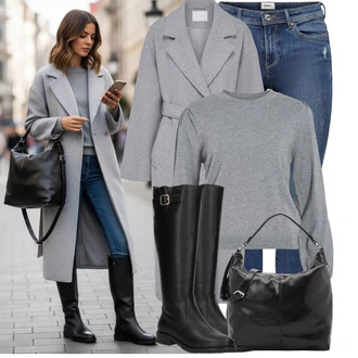 Outfit s Modrá/Tmavě Modrá/Světle Modrá Kožená bunda/Navlékací džíny/Kožené bundy/Džíny s Nízkým Sedem/Džín s Nízkým Pasem/Džíny s Dírou/Džíny s Rozparkem/Push up Džín/Kožené Boty/Kotníková Bota Only "Pohodlné zimní outfity"