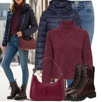 Outfit s Modrá/Světle Modrá/Tmavě Modrá Push up Džín/Džín s Nízkým Pasem/Kožené Boty/Navlékací džíny/Kotníková Bota/Džíny s Nízkým Sedem/Kožená bunda/Zimní bunda Only "Pohodlné zimní outfity"