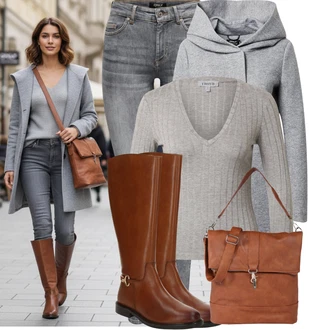 Outfity na zimu s hlubokým výstřihem s Šedá/Hnědá/Béžová/Světle šedá Pletené tričko/Pletený top Edited "Pohodlné zimní outfity"