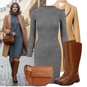 Outfity na zimu s Šedá/Tmavě šedá/Světle šedá Šaty S Vysokým Výstřihem/Zimní šaty s dlouhým rukávem/Dlouhé pletené šaty/Svetrové Šaty/Šaty s dlouhým rukávem/Zimní Pletené Šaty/Šaty S Rolákem About You "Stylový zimní outfity"