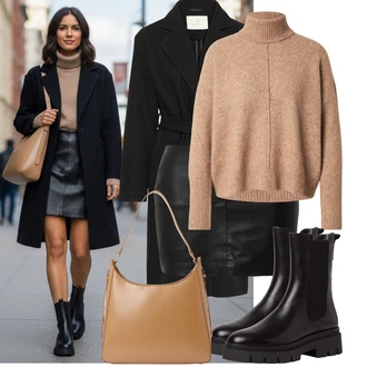 Outfit s Hnědá/Černá/Tmavě Hnědá/Fialová Kozačka Chelsea Boty Tamaris "Stylový zimní outfity"