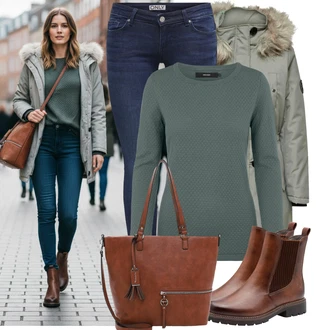 Kulatý výstřih Outfit s Tmavě zelená/Zelená/Tyrkysový Jednoduchý Svetr/Svetr na kojení/Svetr s Kulatým Výstřihem/Termo Svetr/Svetr z Jemné Pleteniny VERO MODA "Stylový zimní outfity"