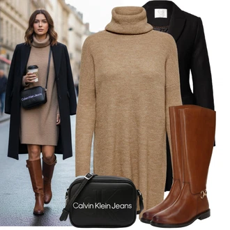 Outfity na zimu s Hnědá/Khaki/Béžová/Šedá Svetrové Šaty/Zimní Pletené Šaty/Šaty S Rolákem/Pletené Šaty Only "Stylový zimní outfity"