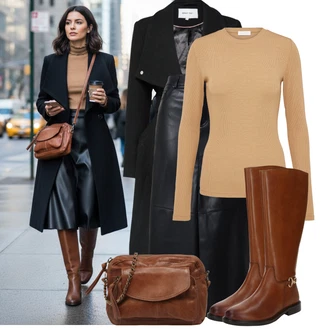 Bar Outfit s Černá Nezařazené About You, Hnědá/Oranžová Pánská taška/Dopisová peněženka/Brašna/Taška/Sportovní Taška Přes Rameno/Klasická Taška Přes Rameno Pieces "Stylový zimní outfity"Look: Bar, Koncert, Firemní večírek, Malle