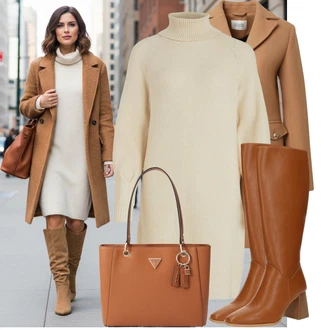 Outfity na zimu s Béžová/Bílá/Krémová/Khaki Zimní Pletené Šaty/Svetrové Šaty/Šaty S Rolákem/Pletené Šaty Vila "Stylový zimní outfity"