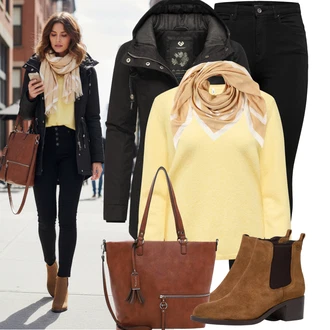 Outfit s Béžová/Hnědá/Oranžová/Žlutá/Bílá Šátek/Šátek na hlavu/Bandana/Šál Tommy Hilfiger "Stylový zimní outfity"