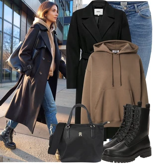 90tá léta, Styl Outfit s Modrá/Světle modrá/Tmavě modrá Push up Džín/Džín s Nízkým Pasem/Kožené Boty/Navlékací džíny/Kotníková Bota/Džíny s Nízkým Sedem/Kožená bunda/Zimní bunda Only "Stylový zimní outfity"Look: Styl