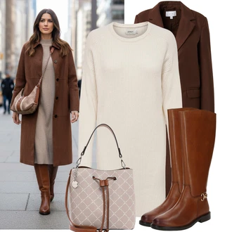 Outfity na zimu s Béžová/Bílá/Krémová/Hnědá/Khaki Svetrové Šaty/Zimní Pletené Šaty/Dlouhé pletené šaty/Pouzdrové Šaty S Dlouhým Rukávem Only "Stylový zimní outfity"