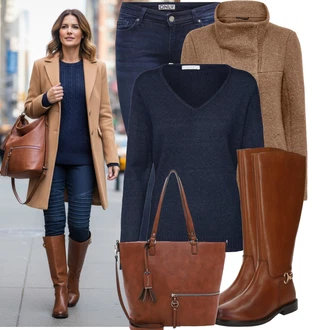 Outfit s Tmavě modrá/Modrá Jednoduchý Svetr/Svetr s V-výstřihem/Kašmírový Svetr/Vlněný Svetr Vila "Stylový zimní outfity"