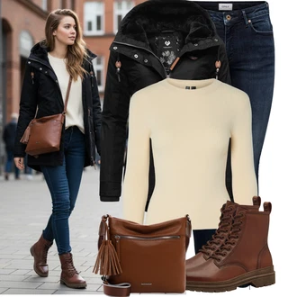 Outfity z džínu Zima s Černá Bunda s Kapucí/Jezdecká bunda/Bunda 2v1/Bunda s Bočním Zipem/Zimní Bund/Lyžařská bunda/Outdoorové Bundy/Podzimní bunda Ragwear "Stylový zimní outfity"