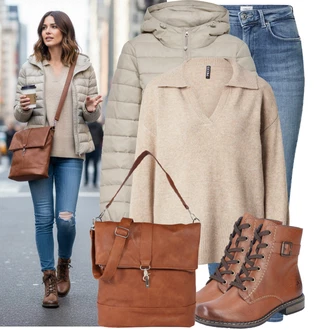 Karneval Outfit s Béžová/Hnědá/Khaki Prošívaná Bunda/Puchová Bund/Udržitelná bunda/Letní peřová bunda/Péřová Bunda/Zimní Bund/Nafukovací Bund/Bunda s Kapucí Only "Stylový zimní outfity"Look: Bar, Svátek cukru, Den na pláži, Karneval, Koncert, Biřmování, Festival, Galavečer, Nový Rok, Škola