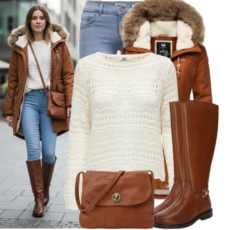 Outfit s Khaki/Krémová/Bílá/Červená/Béžová Sveter Svetr s Výstřihem/Háčkovaný svetr JdY "Stylový zimní outfity" Outfit s Khaki/Krémová/Bílá/Červená/Béžová Sveter Svetr s Výstřihem/Háčkovaný svetr JdY "Stylový zimní outfity"