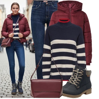 Outfity z džínu Vysoký Pas s Tmavě modrá/Modrá Kožená bunda/Zimní bunda/Kožená Pánská Bund/High Waist Džínové Kalhoty/Kožené Boty/Džíny s Rozparkem/Push up Džín/Termální Džíny Only "Stylový zimní outfity"