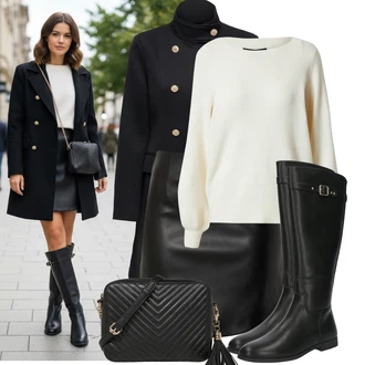 Šik Outfit s Černá/Hnědá/Bílá Ledvinka/Klasická Taška Přes Rameno/Malá Taška/Taška na telefon/Brašna/Sportovní Taška Přes Rameno About You "Stylový zimní outfity"Look: Rad, 20 léta, Šik, Elegantní, Cool, Disko, Old Money